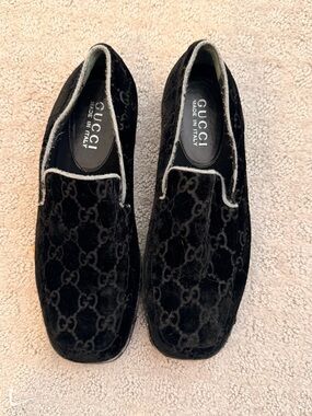 Gucci Black Velvet GG Monogram Slip-On Loafers